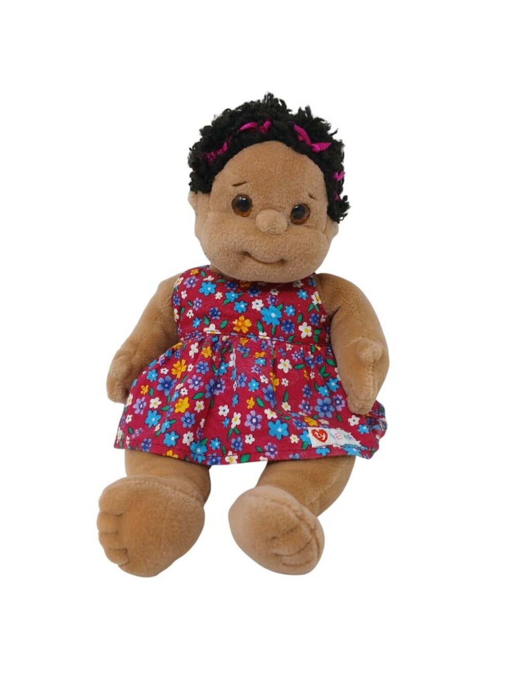 Cutie 10" Plush Doll TY Gear Black Hair Floral Dress Pink Ribbons Soft #D-33